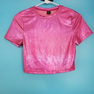 SHEIN Crop Top Size 4 Pink Shimmering Short Sleeve